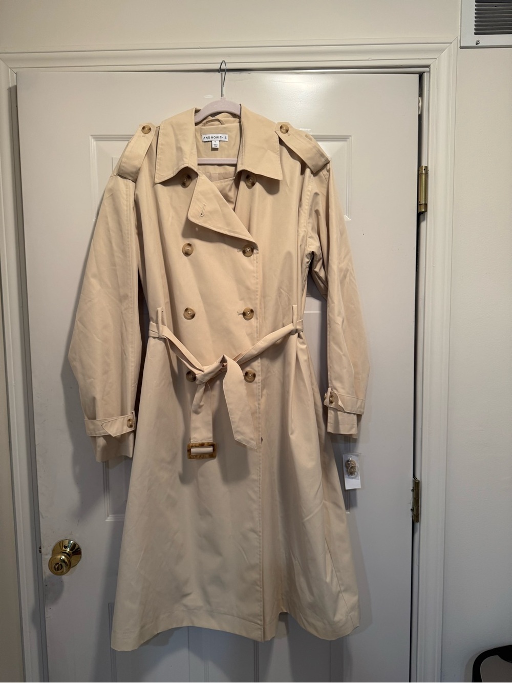 Anne Klein Cream Double-Breasted Trench Coat with Belt